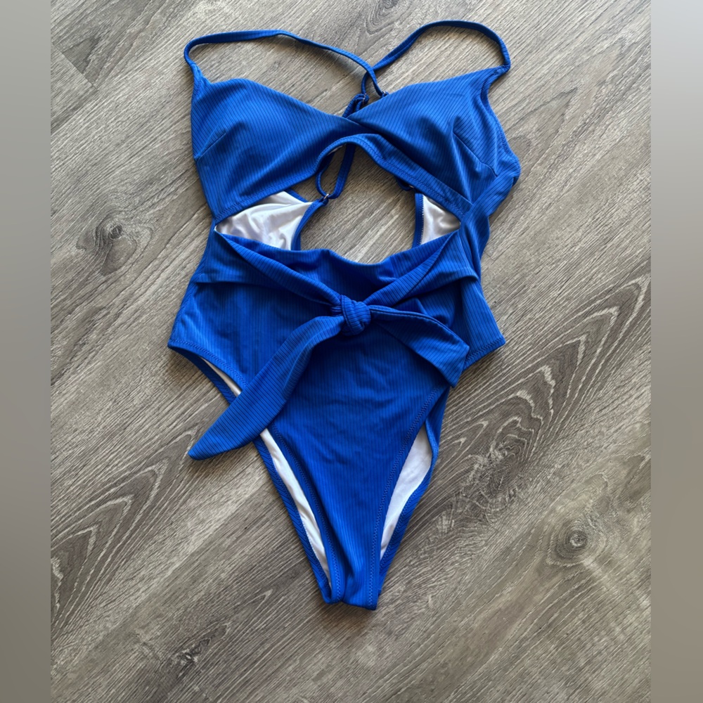 Shade & Shore Cobalt Blue Ribbed One-Piece with Front Knot